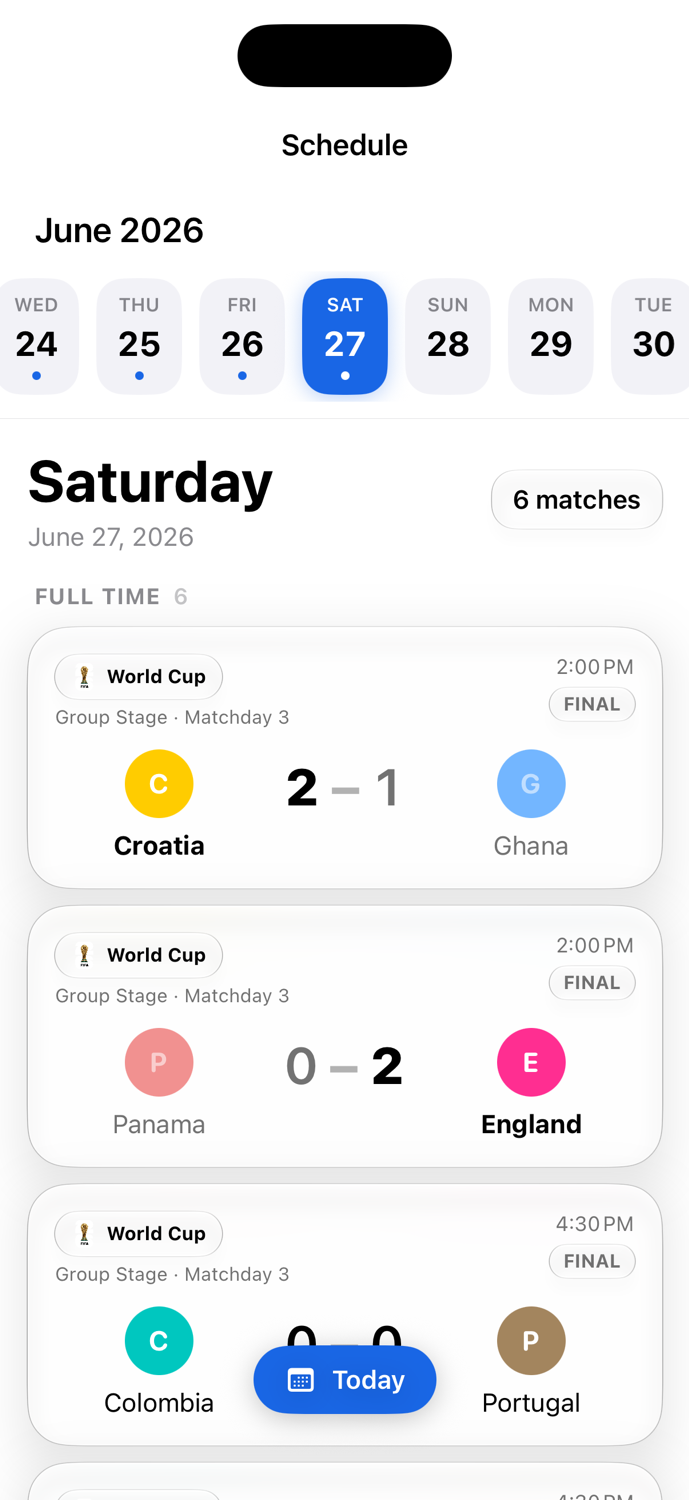 Fixtro schedule showing World Cup match results